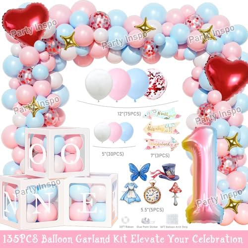 Party Inspo Wonderland 1st Birthday Girl, 145 PCs – Fairy Onederland First Birthday Party Supplies with Tea Party Backdrop, Balloon Garland, Cake Topper, Hanging Arrow Signs - Image 3