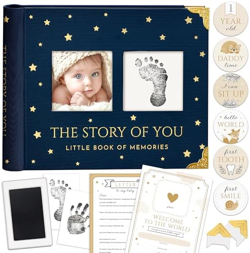 Book Keepsake, Baby Memory Book From Pre-Birth to 5th Year, with 2 Photo Pockets, Milestone Stickers, Hand/Footprint Inkpad, Baby Album and Baby Book for Girls or Boys (Dark Navy) by BLUSHYBABY