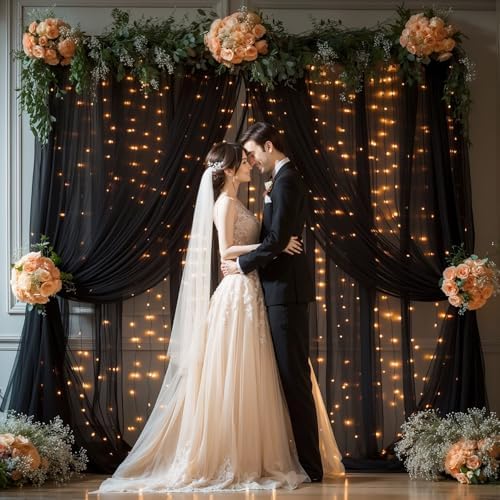 10x10ft Black Tulle Backdrop Curtains with Lights String for Parties, Wrinkle Free Shiny Sheer Curtain Wedding Photo Backdop Drapes for Baby Shower Birthday Party Photography Home Decorations - Image 5