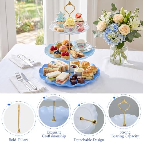 FoldTier 6 Pack Cupcake Stand Set 3 Pcs 3 Tier Gradient Dessert Table Display Stands Cookie Tray Rack 3 X14 in Rectangle Party Trays for Wedding Birthday Tea Party Baby Shower(Blue,Round) - Image 4