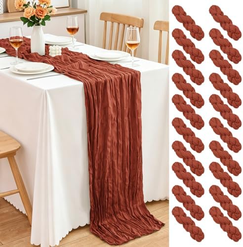 20 Pack Terracotta Cheesecloth Table Runner, 17x108 Inch Semi Sheer Boho Gauze Cheese Cloth Fabric Table Runners for Wedding Party Baby Shower Birthday Garden Farmhouse Table Decor by Yemosa