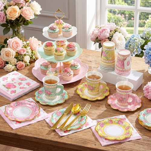 Layhit 83 Pcs Disposable Tea Party Set with 3 Tier Cake Stand Vintage Floral Paper Cups Plates Napkins Cutlery for Women Girls Birthday Baby Shower Bridal Shower Tea(Novel) - Image 5