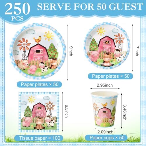 Pickmesh 250 Pcs Farm Animals Party Plates Napkins Cups, Light Blue Pink - Image 2
