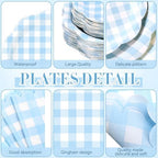Funnymoom 452 Pcs Blue Gingham Party Supplies for 50 Guests Include White and Blue Checkered Paper Plates Napkins Cups Tablecloth Cutlery Straws for Birthday Baby Shower Wedding Party Decorations - Image 2