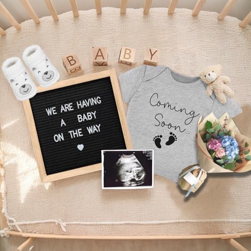 9 Pcs Pregnancy Announcements Set, Include Felt Letter Board Baby Bodysuit Shoes and Wooden Sign Surprise Announcement for Grandparents Partner Gift Family Reveal(Grey Coming soon-white shoe) - Image 4