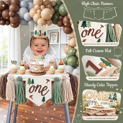 One Happy Camper Birthday Decorations, Camping first Birthday Party decorations, Camp 1st birthday Party Supplies Decor, Balloon Arch One Boxes High Chair Banner Crown Cake Topper Tablecloth Confetti - Image 3