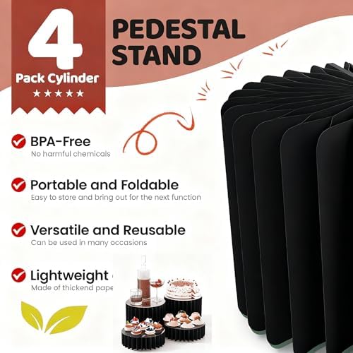 HeiMma 4 Pack Buffet Risers, FOLDABLE Accordion Food Display Risers for Dessert Table,Dessert Table Display Set, White Cardboard Cylinder Cake Cupcake Stands for Party, Multi-height, 12in Round，Black - Image 4