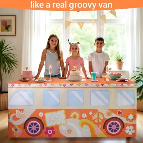 8Ft Groovy Bus Tablecloth,Hippie Birthday Party Decorations for 60s 70s Boho Themed Birthday,Baby Shower,Carnival Party Decorations - Image 4