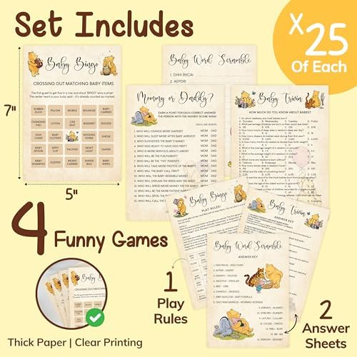 WOODAMORE Winnie Baby Shower Games Boy - Pooh Baby Shower Bingo Cards for 25 Guests, Word Scramble Favors, Guess Who Mommy Or Daddy Game Ideas for Party Decorations (Pack of 2) - Image 2