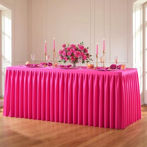 Hot Pink Polyester Table Cloths for Rectangle 8 Foot Tables, 1 Pack Wrinkle Free Tablecloths Stretchy Banquet Ruffle Fitted Table Cover Desk Skirt for Parties Wedding Birthday Baby Shower by Unknown