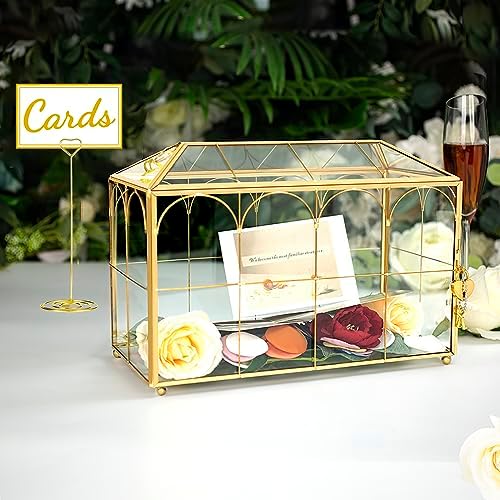 Glass Wedding Card Box with Lock, 12.6x5.9x9 inches Large Gold Card Boxes - Image 4