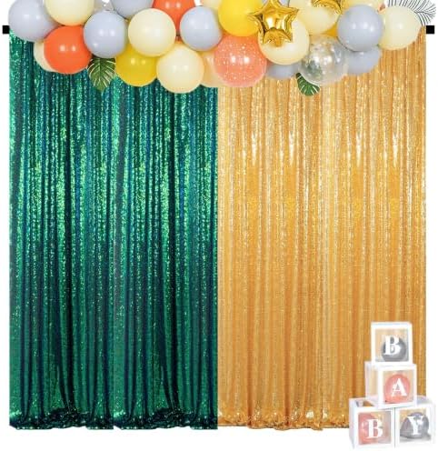 ShinyBeauty Gold Sequin Backdrop Curtain 4 Panels Iridescent Green - Image 4