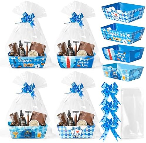 OSNIE Dad Empty Gift Baskets for Father's Day - 24 Sets Happy Father’s Day Blue Basket Bulkor Gifts Empty with Cellophane Basket Bags Ribbons Bows, Dad Theme Party Favors for Anniversary Birthday by OSNIE