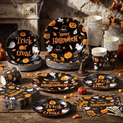 250 Pcs Halloween Party Supplies, Paper Plates Napkins and Cups, Black - Image 4