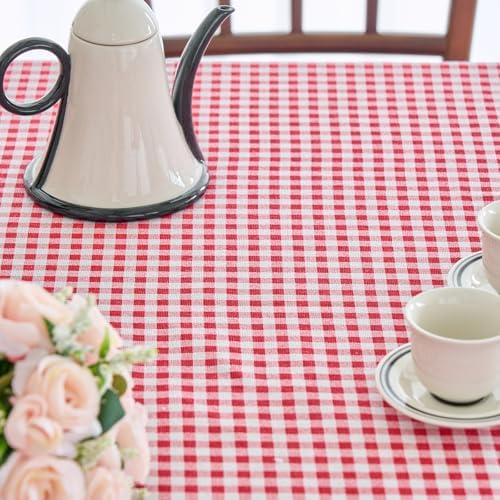 vctops Farmhouse Red Plaid Ruffle Table Cloth, Boho Cotton Linen Tablecloth, Washable Table Cover for Rectangle Table Baby Shower Kitchen Party Wedding Decor (Red A,70"x90") - Image 6