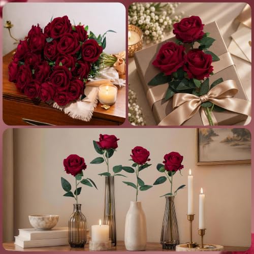 100 PCS Burgundy Roses Artificial Flowers, Fake Roses with Stem Realistic Silk Roses for DIY Wedding Bouquets Table Centerpieces Arrangement Baby Shower Birthday Home Decor Valentines Day Gift for Her - Image 3