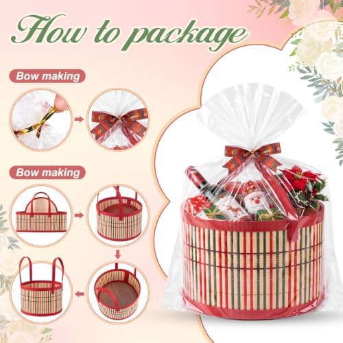 Weysat 6 Set Baskets for Gifts Empty Bulk, Large Woven Bamboo Gift Basket Kit with Handles, Bow, Wrap Bag to Fill for Raffle Thanksgiving Day Wedding Birthdays Party Wrapping (Red and Green) - Image 3