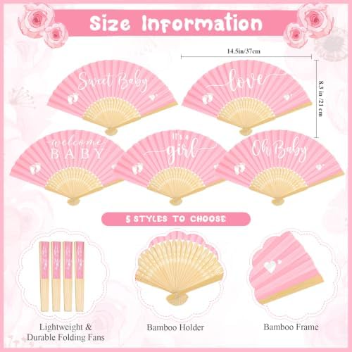 Threehoney 50 Sets Baby Shower Favors 5 Styles Bamboo Paper Hand Fans,Pink - Image 2