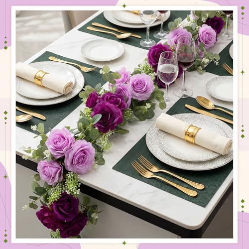 Riceshoot 4 Pcs 26 ft Artificial Eucalyptus Vines Garland with Flowers Faux Floral Greenery Garlands Rose Wreath for Wedding Party Arch Table Decor Backdrop Decorations (Purple) - Image 4