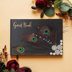 Vijiv Personalized Wedding Guest Book for Wedding Reception Signs, Bridal Baby Shower, Peacock Feather Hardcover Guestbook for Table Decoration Engagement Birthday Party Event, Photo Corners and Pen - Image 2