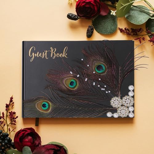 Vijiv Personalized Wedding Guest Book for Wedding Reception Signs, Bridal Baby Shower, Peacock Feather Hardcover Guestbook for Table Decoration Engagement Birthday Party Event, Photo Corners and Pen - Image 2
