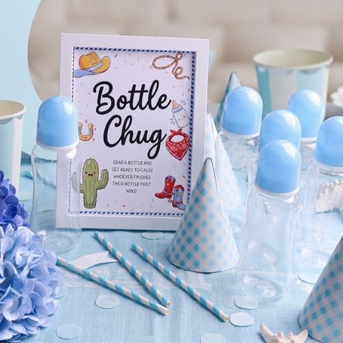 Funny Bottle Chug Baby Shower Drinking Game for 15 Guests, Includes 15 Pack 8.5oz Baby Bottles with Nipples & Standing Wood Framed Sign, Western Cowboy Baby Shower Favors & Party Activities(Blue) - Image 6