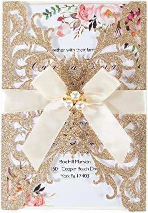 25Pcs Wedding Invitations Glitter Laser Cut Wedding Invitations With Envelopes And Rsvp Cards Blank Inner Sheet Personalized Gold For Engagement Quinceanera Bridal Baby Shower Birthday Party by Maffily
