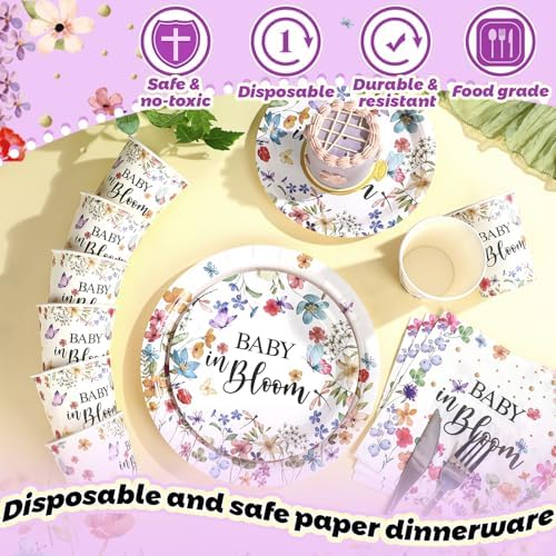 Hsei 250 Pcs Baby in Bloom Baby Shower Decorations Wildflower Plates and Napkins Set Floral Party Tableware Set for 50 Guests Floral Disposable Plates Napkins Cups for Birthday Party Supplies - Image 2