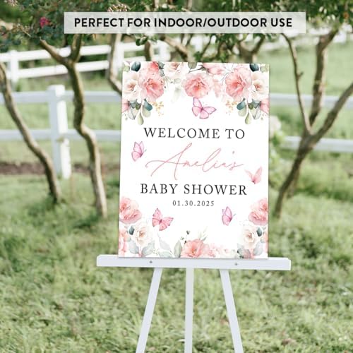 Andaz Press Butterfly Baby Shower Decorations - 16x20-Inch "A Little Butterfly Is On Her Way" Personalized Sign, Peach Florals Welcome To Baby Shower Guest Book Alternative - Image 6