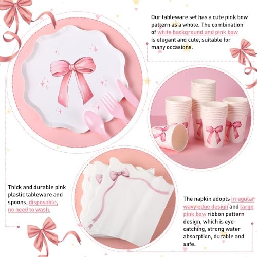 Ziliny 350 Pcs Bow Pink Party Supplies Tableware Set Disposable 9'' 7'' Paper Plates 9 oz Cups Cutlery Napkins Dinnerware Set for 1st Birthday, Serve 50 (Bow, Pink) - Image 5