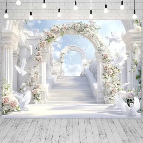 Paradise Gate Sky Stairway to Heaven Backdrop Holy Light Clouds Blue Sky Floral Archway White Doves Background Baby Shower Church Party Newborn Portrait Photo Booth Studio Props (White, 9 * 6feet) - Image 2