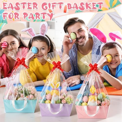 Tuanse 30 Pcs Basket for Gift Empty DIY Bulk Gift Basket Kit with Handle Kraft Cardboard Tray with 30 Bag 30 Bow Market Tray for Wedding Party, Pastel, 9.8 x 6.7 x 4.3 in - Image 6