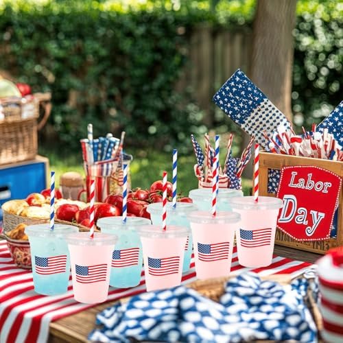 Whaline 50Pcs 12Oz Patriotic Disposable Plastic Cups with Lids and Straws 4th of July American Flag Cold Beverage Drinking Cups for 250th Anniversary Independence Day Party Supplies - Image 5