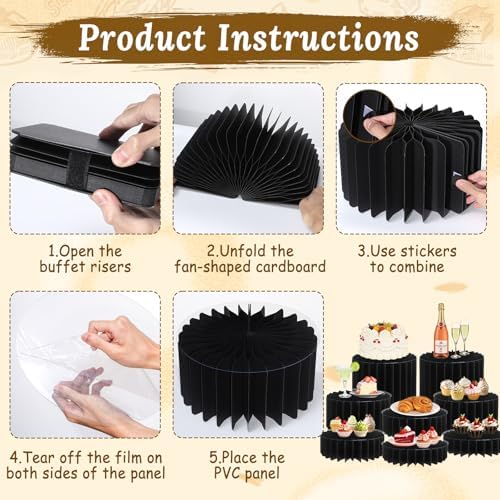 8 Pack Buffet Risers Display Stands, Foldable Food Risers for Buffet Table, Tall Cake Cupcake Stands, Cardboard Cylinder Stand, Dessert Table Display Set for Catering, Jewelry, Wedding, Party Decor (Black) - Image 5
