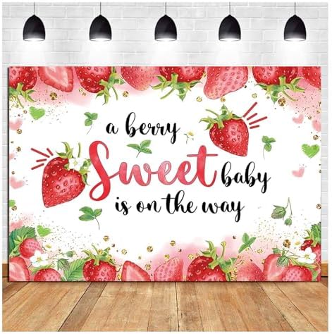 10x8 ft Strawberry Baby Shower Photo Banner Strawberry Girl Baby Shower Newborn Party Decorations Photography Backdrop A Berry Sweet Baby is On The Way Background Cake Table Supplies - Image 2