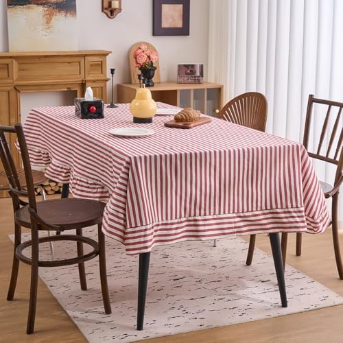 vctops Farmhouse Red Stripe Ruffle Table Cloth, Boho Cotton Linen Tablecloth, Washable Table Cover for Rectangle Table Baby Shower Kitchen Party Wedding Decor (Red B,55"x78") - Image 2