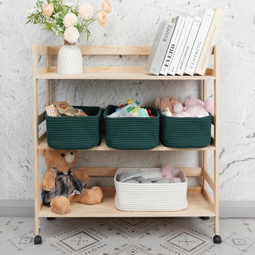 XUANGUO Small Woven Storage Baskets for Shelves, 13" x 9" x 5", Dark Green - Image 4