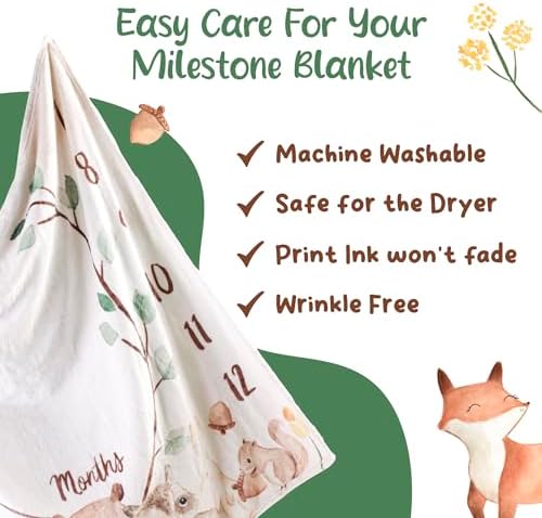 KooKooBaby Baby Monthly Milestone Blanket - 47x47 Premium Fleece Milestone Blanket for Baby Girl and Boy - Woodland Animals Monthly Baby Milestone Photo Background with Felt Circle Marker - Image 5