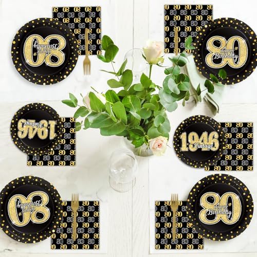 200PCS 80th Theme Birthday Party Tableware Vintage 1946 Party Supplies 80 year old Birthday Party Decorations Plates Napkins Forks Black and Gold Dinnerware Favors for Men or Women - Image 5