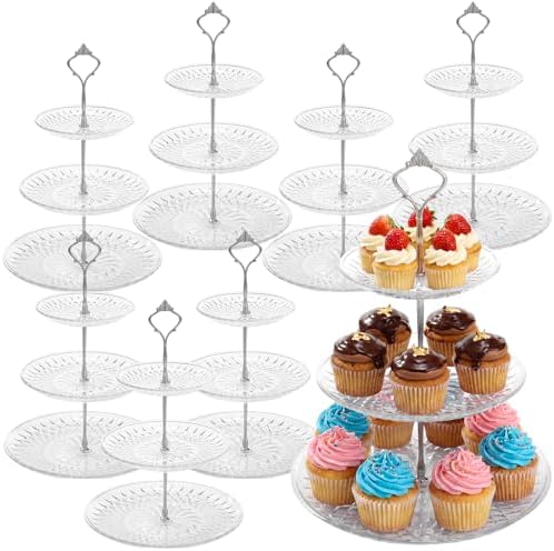 Patelai 8 Packs 3 Tier Acrylic Cake Stand with Round Holder 3 Tier Serving Tray Acrylic Crystal Cupcake Stand Holder for Home Wedding Birthday Baby Shower Tea Party Favors(Clear, Silver Crown) by Patelai
