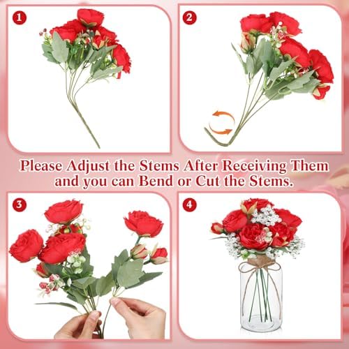 Zeyune 6 Sets Mason Jar Table Centerpiece with Artificial Peony Baby's Breath Flower Centerpieces Faux Flowers with Rope for Wedding Reception Engagement Bridal Shower Rustic Table Decor(Red) - Image 2