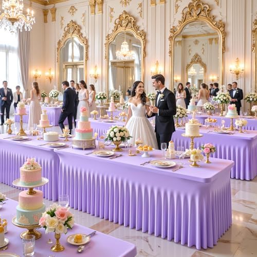 Purple Table Cloth for 8 Foot Rectangle Tables Fitted Stretch Spandex Table Cover with Skirt 8ft Baby Shower Birthday Party Banquet Ruffle Lilac Lavender Tablecloth Wedding Table Cloths Desk Skirt - Image 2
