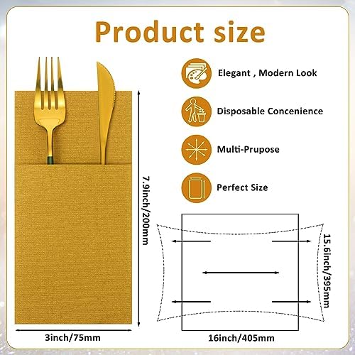 Cindeer 150 Pcs Gold Linen Dinner Napkins with Built in Flatware - Image 2