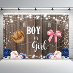 12x6ft Gender Reveal Backdrop Boy or Girl Photography Background Hat Bow Pink Blue Flowers Leaves Glitter Dots Wood Baby Shower Banner Decorations Newborn Birthday Party Photo Booth Prop - Image 5