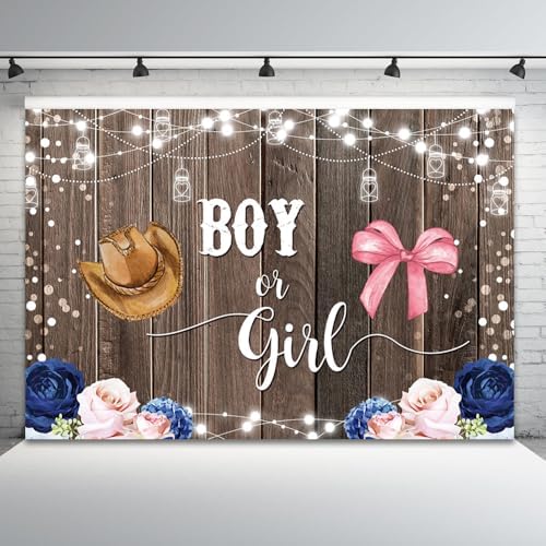20x10ft Gender Reveal Backdrop Boy or Girl Photography Background Hat Bow Pink Blue Flowers Leaves Glitter Dots Wood Baby Shower Banner Decorations Newborn Birthday Party Photo Booth Prop - Image 5