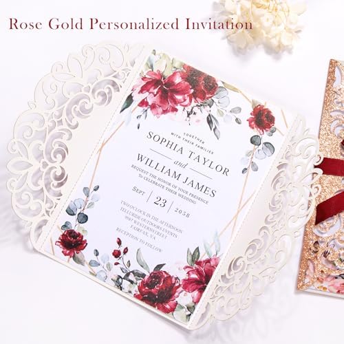 25 PCS Rose Gold Glitter Laser Cut Wedding Invitations - Image 2