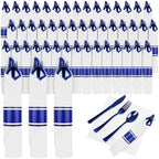 100Pack Blue Pre Rolled Plastic Silverware Wrapped Blue Rolled Cutlery by PYNTOP