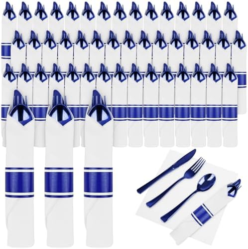 100Pack Blue Pre Rolled Plastic Silverware Wrapped Blue Rolled Cutlery by PYNTOP
