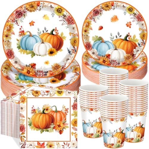 Pickmesh 250 Pcs Fall Thanksgiving Party Decorations Fall Maple Leaves Pumpkins Paper Plates Napkins and Cups Disposable Tableware Set for Autumn Thanksgiving Harvest Birthday Party Supplies Serve 50 by Pickmesh