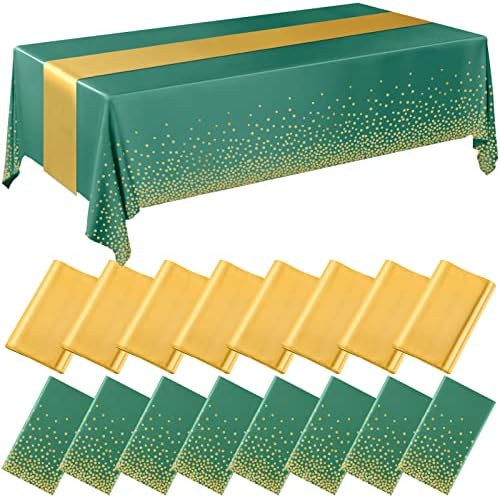 Tudomro 16 Pack Green and Gold Plastic Tablecloths Satin Runner Set by Tudomro
